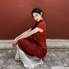 新中式轻国风复古气质订婚红色改良旗袍女夏小个子流苏拼接连衣裙