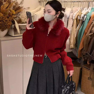 显白红色圣诞跨年韩系宽松加厚保暖毛领针织开衫女毛衣外套秋冬季