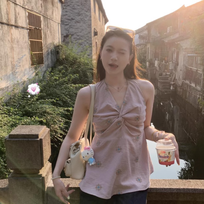 V领扭结无袖外穿刺绣收腰挂脖衫