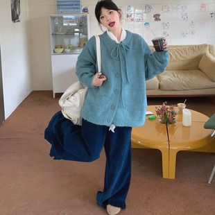 加厚宽松慵懒风开衫 韩系湖蓝色蝴蝶结针织毛衣外套女2025秋冬冬季