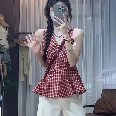 复古港风红色格子V领吊带背心女