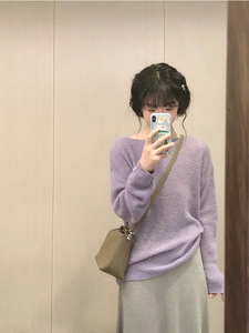 TT坏坏 2024春装紫色长袖薄款宽松针织圆领套头衫女韩系休闲上衣