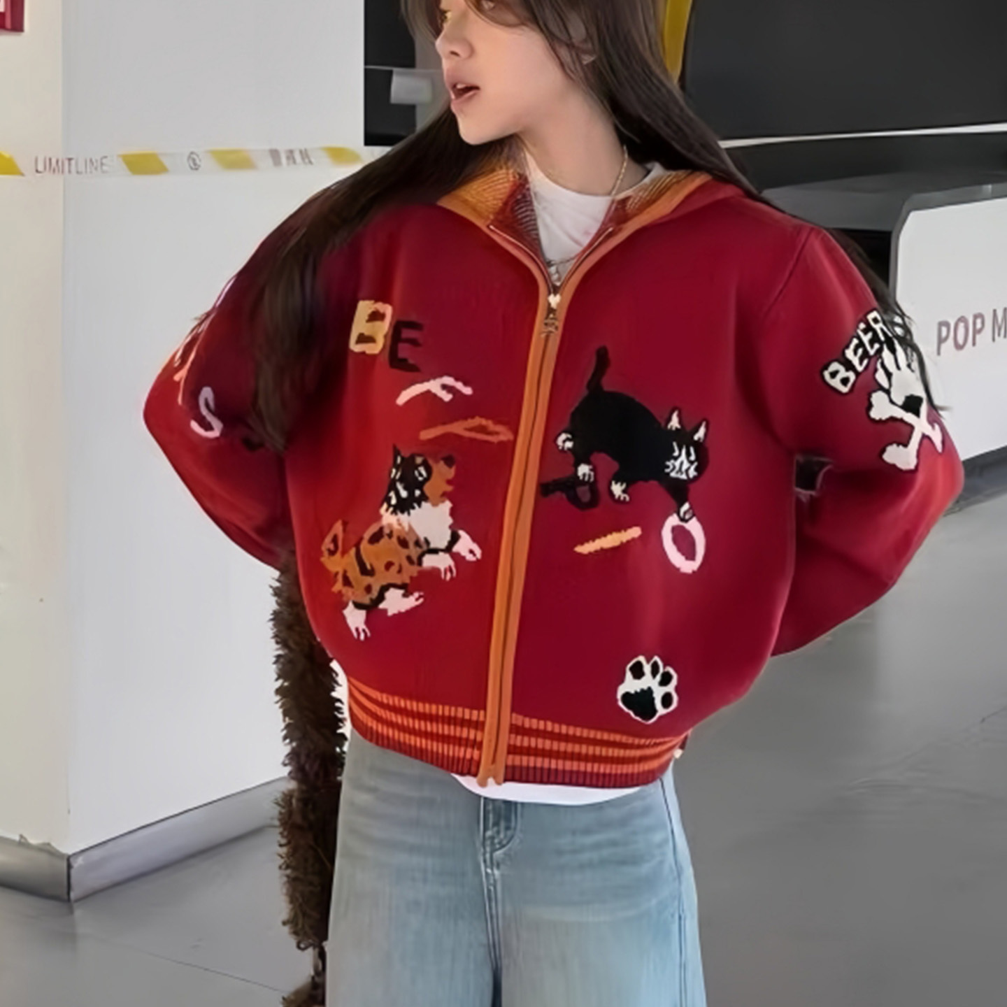 连帽针织开衫女冬季甜美提花外套