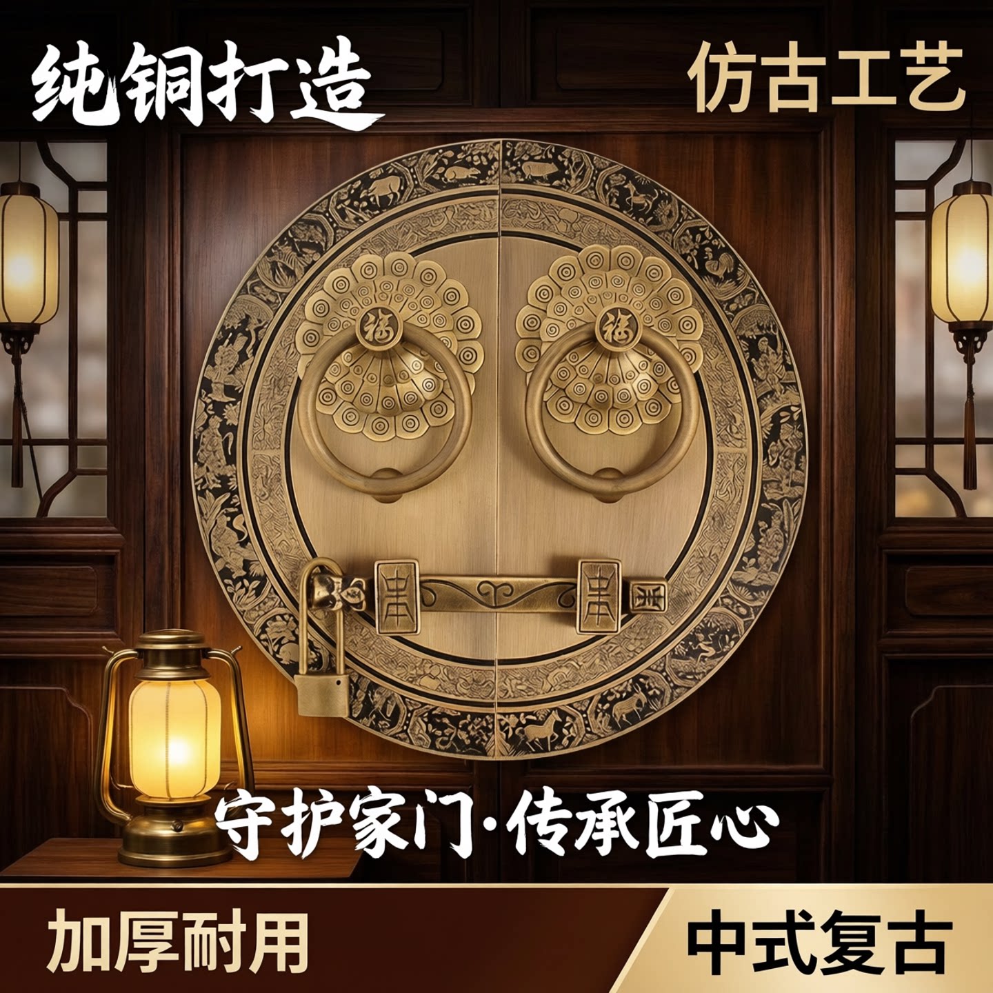加厚中式复古木门插销门锁铜把手仿古纯铜别墅大门铜拉手铜门环