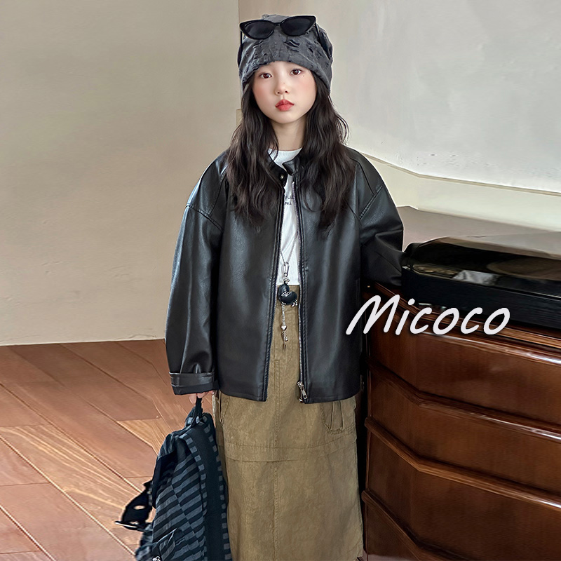 皮衣外套女童皮夹克2025新款洋气秋季女孩机车服大童网红休闲上衣