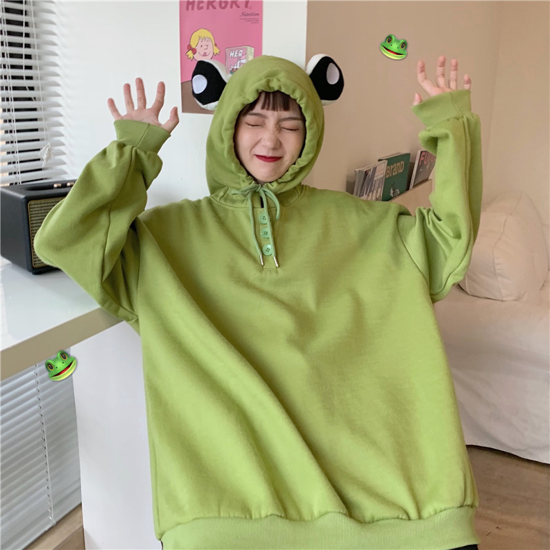 Real shot thick and funny college style loose green cartoon frog hooded long sleeve Pullover Sweater