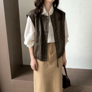 2026新款美式棕色皮衣马甲女春秋叠穿小个子高级感坎肩背心外套