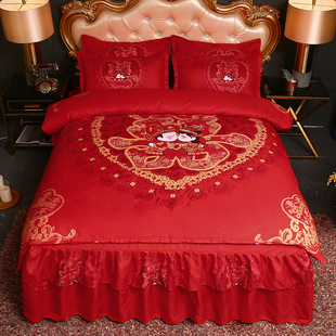 婚庆大红色床裙四件套龙凤被结婚床单被套非全棉纯棉床上用品 中式