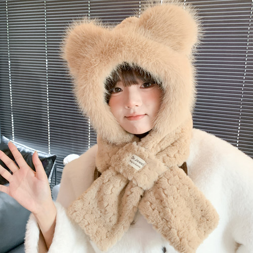 清仓围巾帽子女冬季加厚可爱毛绒卡通百搭骑车保暖围脖护耳包头帽