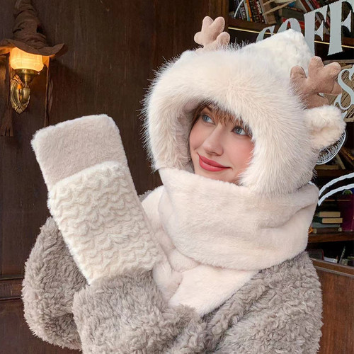 俄罗斯连体围巾手套帽子女冬季