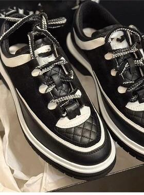 小香风25C运动鞋女厚底2025新款真皮休闲香奶奶拼色菱格熊猫板鞋