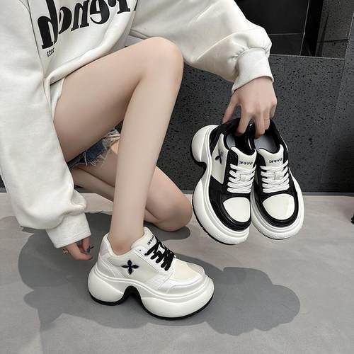 外贸撤柜尾货断码真皮厚底鞋增高8cm松糕十字花老爹鞋女运动鞋