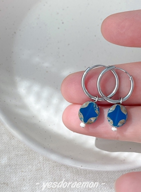 yesdoraemon 深蓝色琉璃耳圈女时髦高级感清冷气质耳环无耳洞耳夹