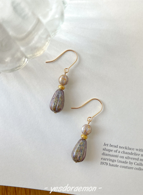 油画美术馆 秋冬复古法式做旧古董琉璃珠耳环原创耳饰 无耳洞耳夹