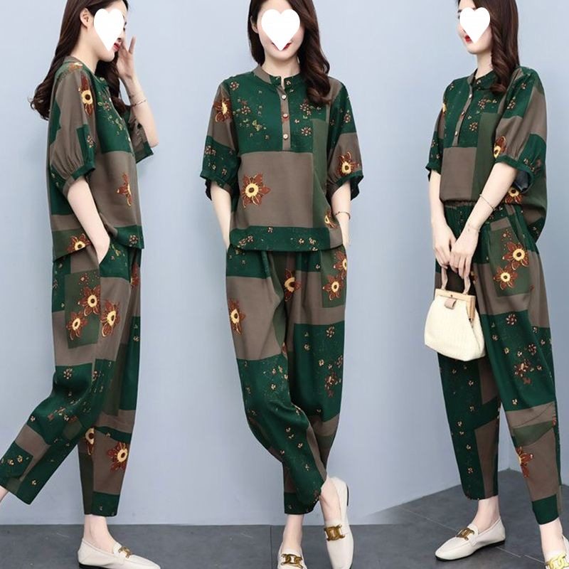 夏季女装新款棉麻套装40到50岁妈妈装大码宽松韩版洋气减龄