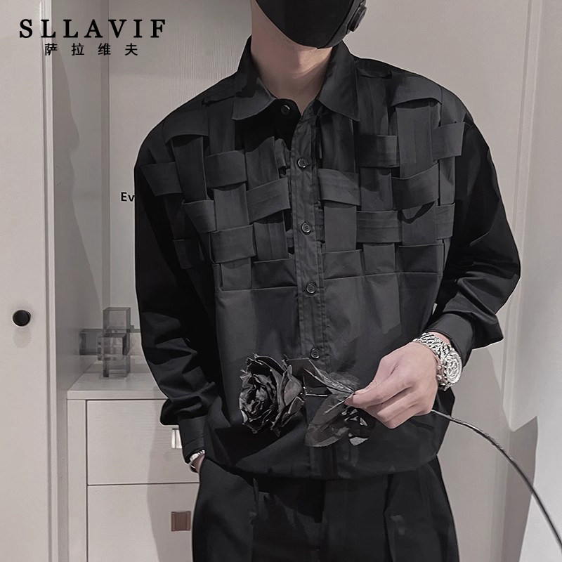 萨拉维夫高级感黑色衬衫男长袖春秋青年痞帅衣服潮流休闲衬衣男装
