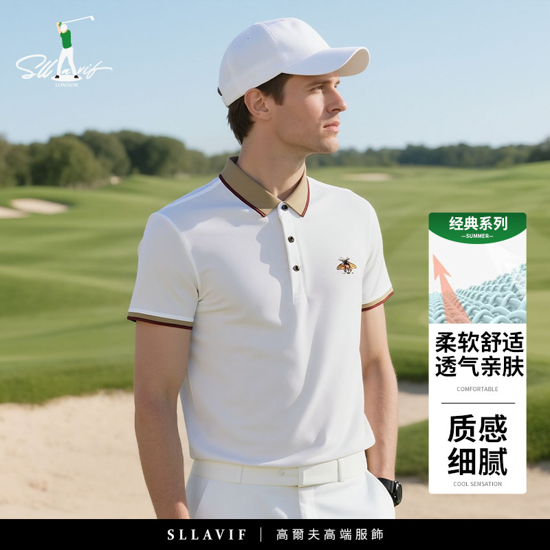 萨拉维夫潮牌小蜜蜂白色polo衫男短袖夏季薄款爸爸装刺绣翻领衣服