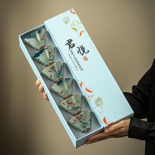 新款手绘荷花斗笠杯陶瓷哥窑开片主人杯茶盏中式复古喝茶杯礼盒装