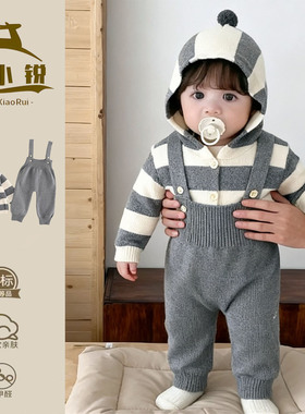 女童秋套装巨好看婴儿秋冬衣服红色针织毛衣洋气一岁宝宝背带裤