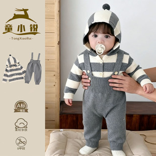 女童秋套装巨好看婴儿秋冬衣服红色针织毛衣洋气一岁宝宝背带裤