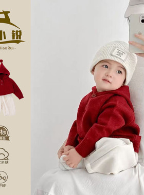 婴儿毛衣红色秋冬衣服周岁宝宝喜庆圣诞节连帽衫男女童新年毛线衣