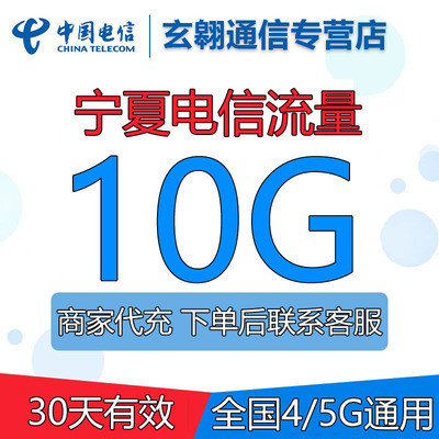 宁夏电信流量充值10G全国通用中国电信通用流量包加油包30天有效