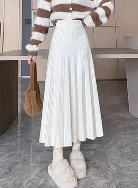 百褶半身裙女秋冬新款气质显瘦毛线休闲中长裙宽松褶皱a字针织裙