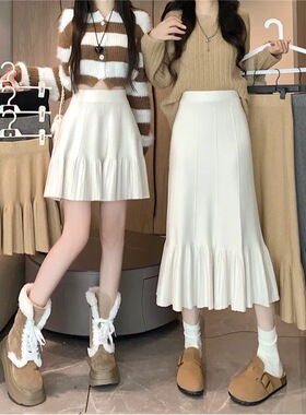 针织百褶半身裙女春秋2024新款小个子高腰a字短裙半裙中长款裙子