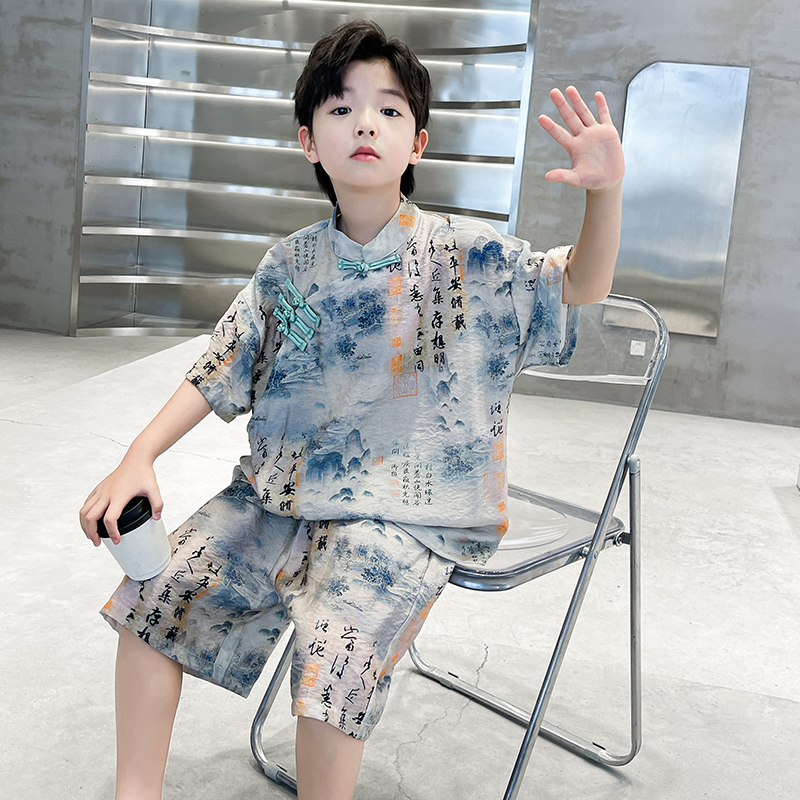 新中式男童唐装套装古风夏装国潮汉服儿童装短袖两件套薄款演出服