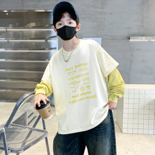 美式男童假两件T恤儿童长袖打底衫2026新款男孩痞帅秋季百搭炸街t