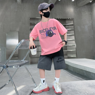 男童粉色套装夏日多巴胺穿搭2026新款大童凉感夏季薄款短袖两件套