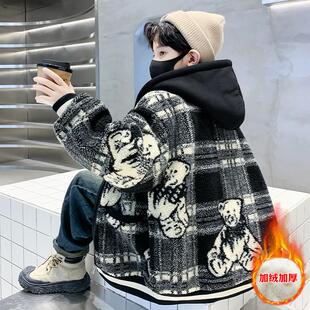 男童羊羔绒外套秋冬加绒棉衣2026新款卡通大童加厚男孩冬季毛毛衣