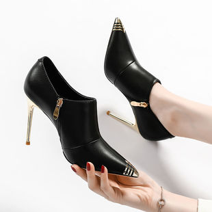 欧美风细跟金属头黑色舒适女鞋 秋冬季 正码 皮面深口单鞋 新款