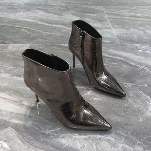 短靴 欧货侧拉链胎皮面细跟尖头高跟时尚 欧洲站女秋冬季 新款