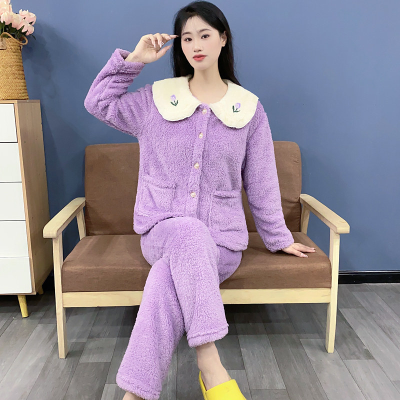 睡衣秋冬款女珊瑚绒加厚保暖宽松大码少女生初中生家居服套装Y142