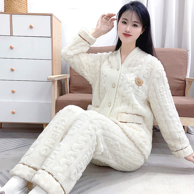 牛奶绒冬季新款女士睡衣加厚保暖长袖可外穿珊瑚绒家居服套装Y147
