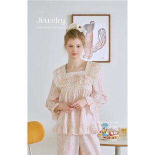 Ullala乌拉拉韩国进口方领印花纯棉睡衣女长袖公主家居服套26109