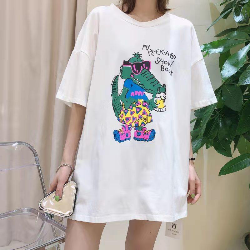 清仓2026夏季韩版宽松大码女装短袖t恤女中长款卡通印花半袖上衣