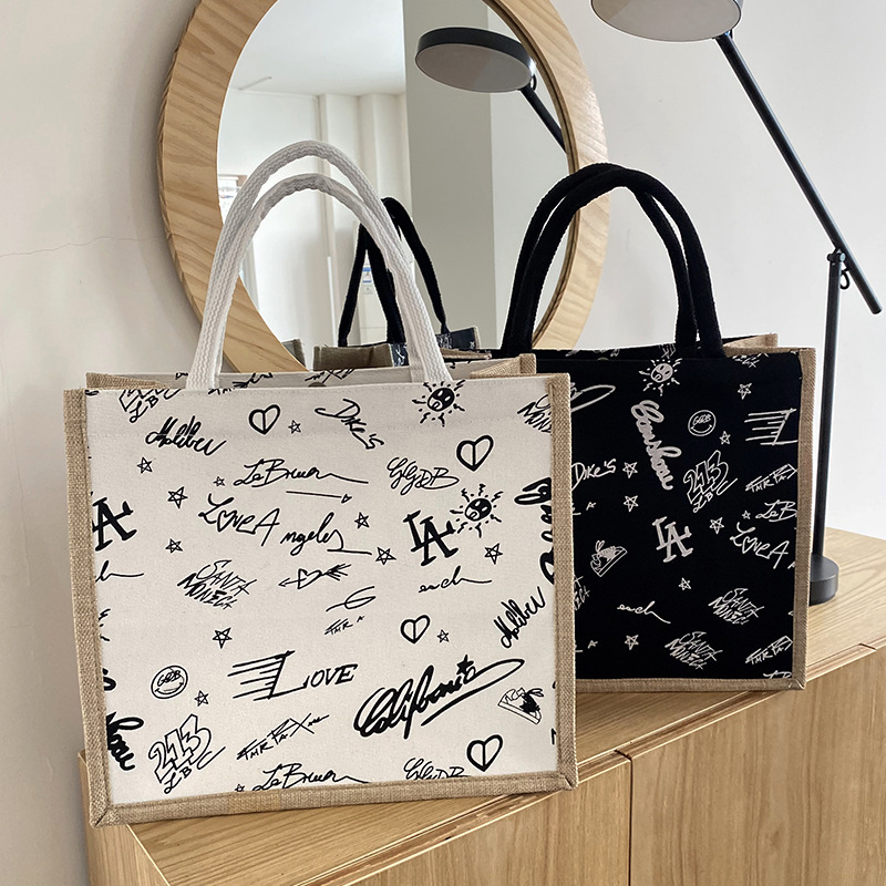 跨境麻布手提包韩版ins单肩托特包包女2025新款学生大容量上课包