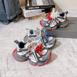 2026年春季新款男童运动鞋透气双网轻便厚底时尚老爹鞋字母双系带