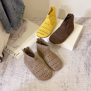 2026年新款春夏女童短靴镂空真皮洞洞靴软底后拉链小童宝宝靴子