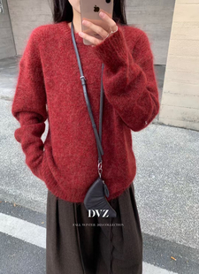 DVZ 2025年冬新款纯色圆领套头马海毛毛衣女宽松显瘦针织衫上衣厚