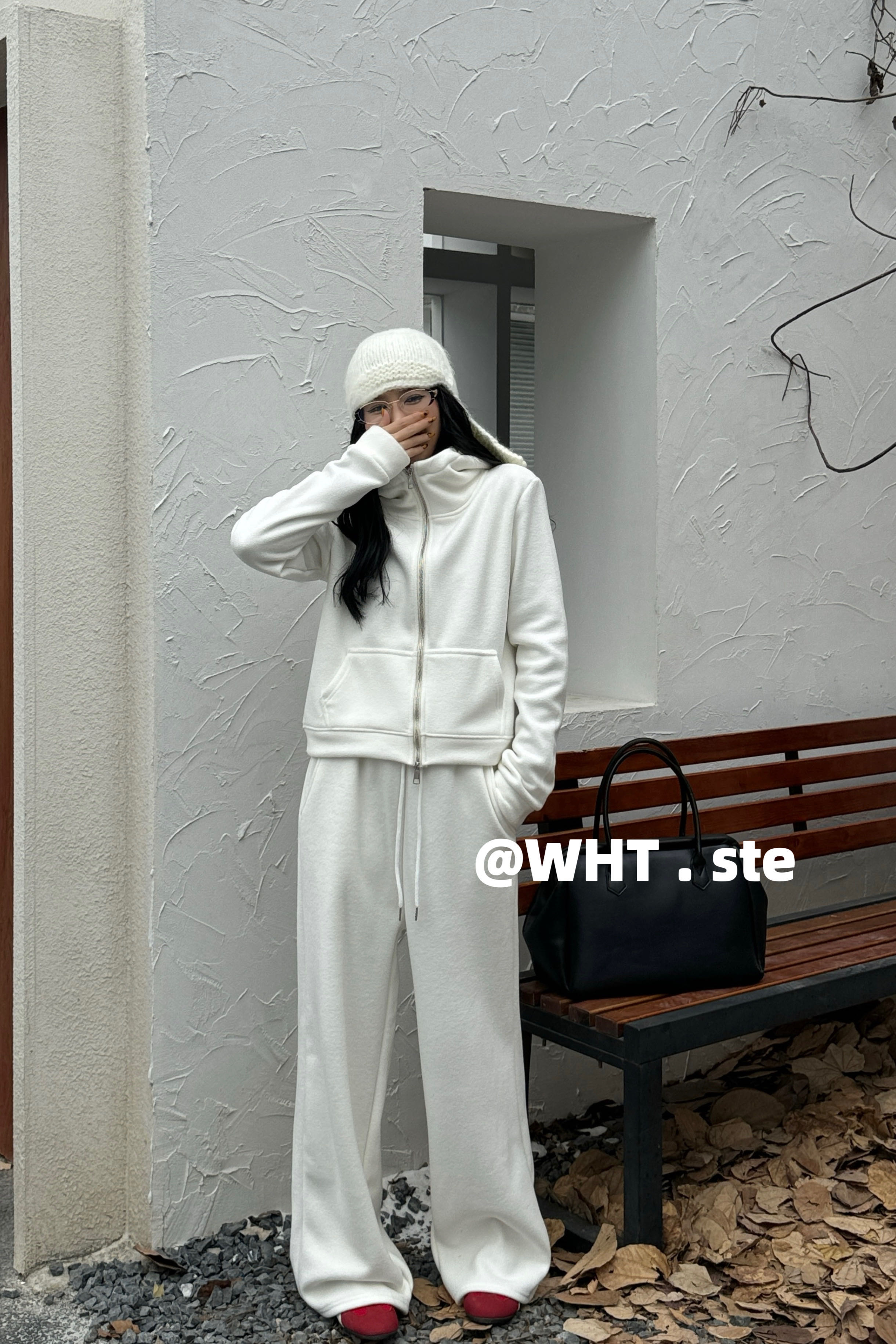 WHT 秋冬新款韩版纯色显瘦连帽拉链卫衣外套高腰阔腿拖地裤女套装