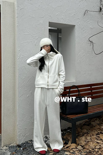 WHT 秋冬新款韩版纯色显瘦连帽拉链卫衣外套高腰阔腿拖地裤女套装