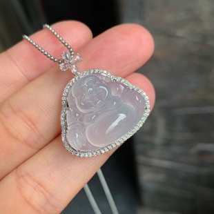 天然缅甸翡翠A货吊坠冰种翡翠佛公吊坠18K金镶嵌佛公笑佛吊坠正品