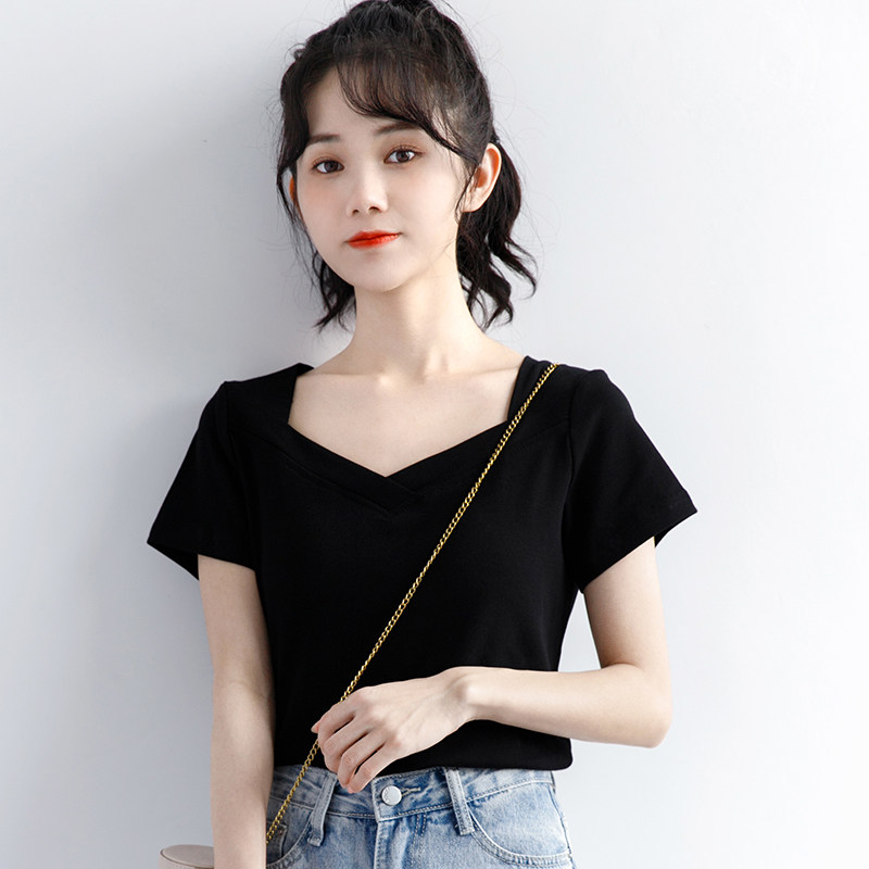 夏季修身紧身短袖深v性感低胸装露胸上衣大胸妹子穿搭设计感甜辣