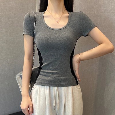 have u美式正肩短袖t恤女2025春季新款U领内搭净版宽松打底衫上衣