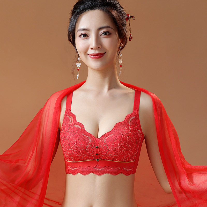 新品院线款大红色本命年内衣女无钢圈结婚小胸调整型文胸罩防