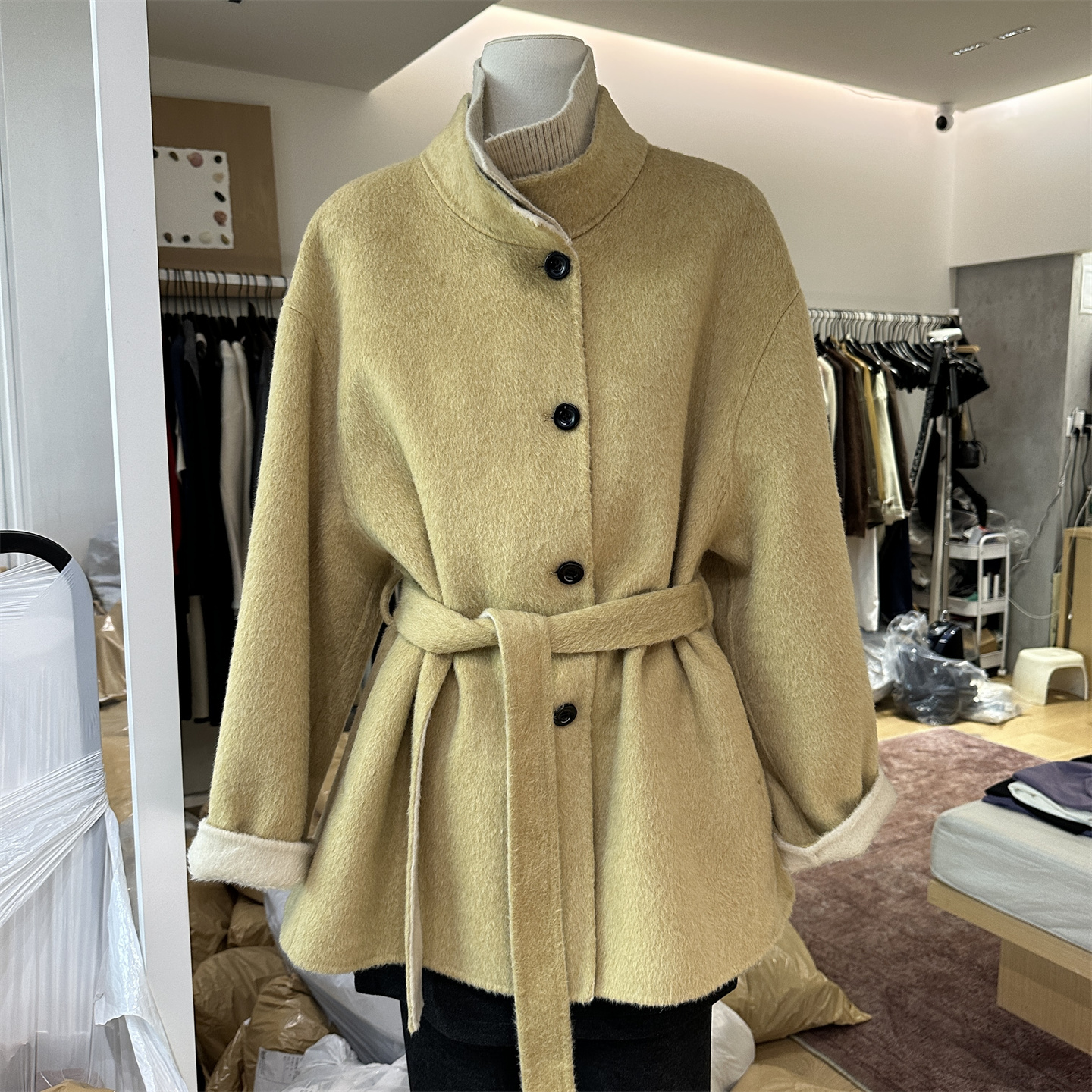 爵莱菲大码胖mm领口拼接撞色羊毛外套女冬宽松显瘦系带中长款大衣