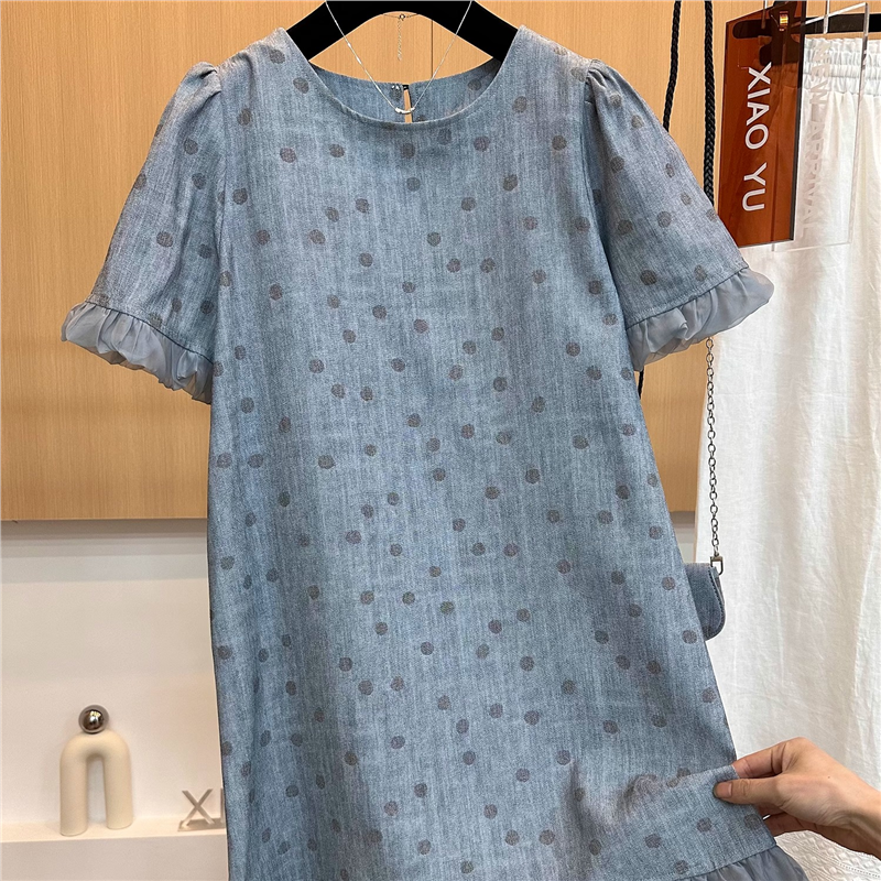 爵莱菲大码高端欧货夏新款木耳边拼接波点宽松短袖连衣裙女